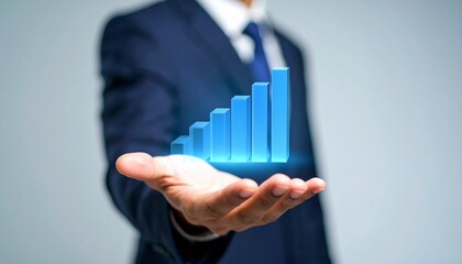 Business wallpaper with a translucent 3D graph shape on the hand of a man in a suit