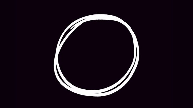 animated hand draw circle, white key point area symbol on black background, rough pen brush, isolated dynamic circle element