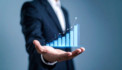 Business wallpaper with a translucent 3D graph shape on the hand of a man in a suit