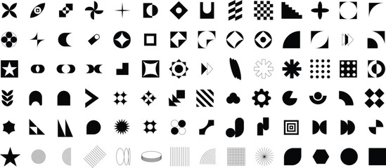 Modern Geometric Symbols Collection. Abstract Vector Icons for Design and Branding. A collection of bold brutalist shapes, modernist bauhaus design symbols, abstract geometric forms, and minimal vecto