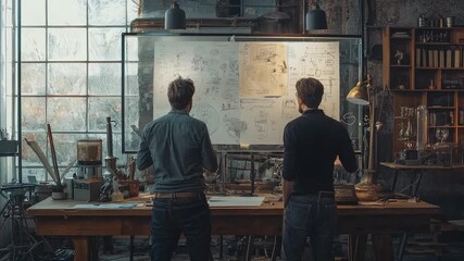 The Blueprint for Ingenuity: Two individuals, deeply engrossed in the intricate details of a detailed plan, embodying the spirit of collaboration and intellectual exploration in a vintage workspace.