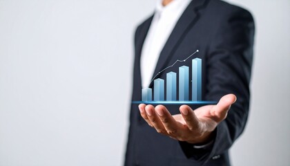 Business wallpaper with a translucent 3D graph shape on the hand of a man in a suit