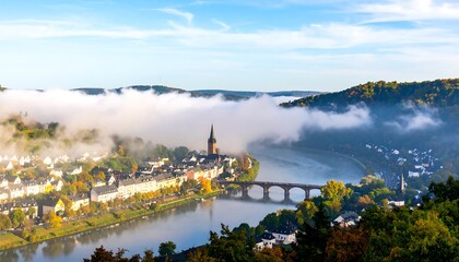 Mystical morning scenery of Bernkastel-Kues, Germany, blanketed in ethereal fog and soft light,