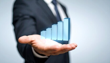 Business wallpaper with a translucent 3D graph shape on the hand of a man in a suit