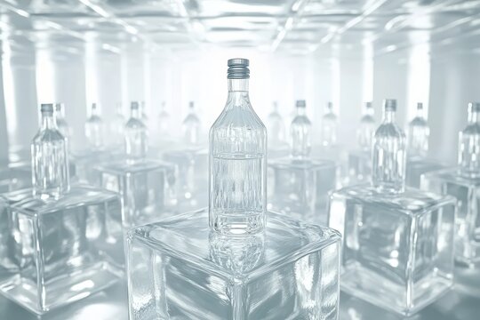 Clear glass bottles on clear ice cubes.