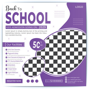 School Admission social media post, Back to school admission social media post, promotional discount banner template design. Back to School admission by social media Instagram, 