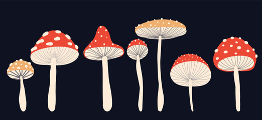 Vector set of stylized fly agarics on dark background. Collection of drawn magic amanita mushrooms