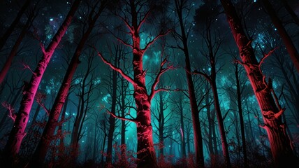 Eerie forest scene under a starry night sky, trees lit with vivid colors