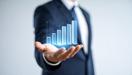 Business wallpaper with a translucent 3D graph shape on the hand of a man in a suit