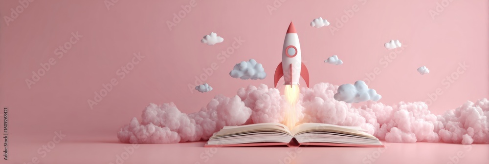 Aufkleber creative 3d paper rocket launching from an open notebook against a pastel background spreading imagi