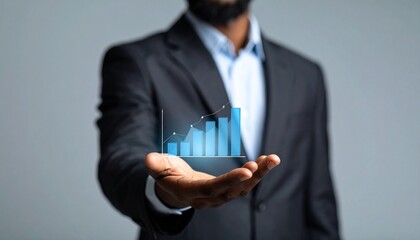 Business wallpaper with a translucent 3D graph shape on the hand of a man in a suit