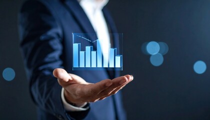 Business wallpaper with a translucent 3D graph shape on the hand of a man in a suit