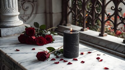 A black candle and red roses on a marble surface near an ornate railing view