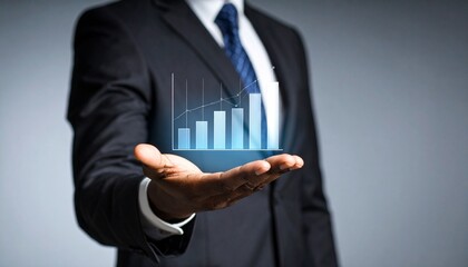 Business wallpaper with a translucent 3D graph shape on the hand of a man in a suit