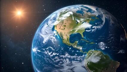 Fototapeta premium The bright sun illuminates the spinning planet Earth in the vastness of space with many stars.