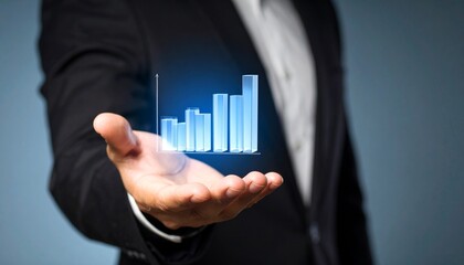 Business wallpaper with a translucent 3D graph shape on the hand of a man in a suit