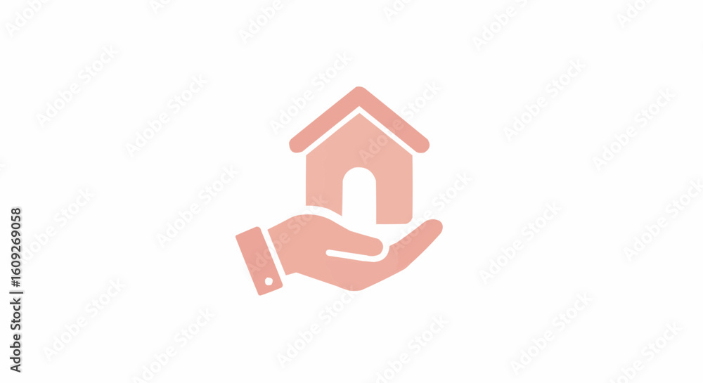 Poster a light red house icon is displayed on top of an open hand in a white background image design here