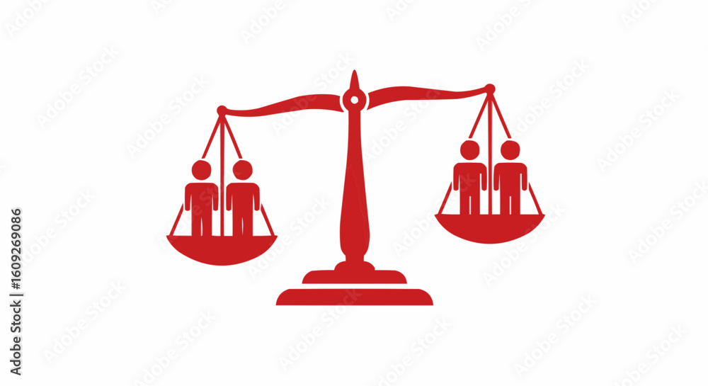 Poster red scales of justice with two figures on each side representing balance and equality perfectly meas