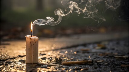 A burning candle with smoke on a wet surface with blurred background outside