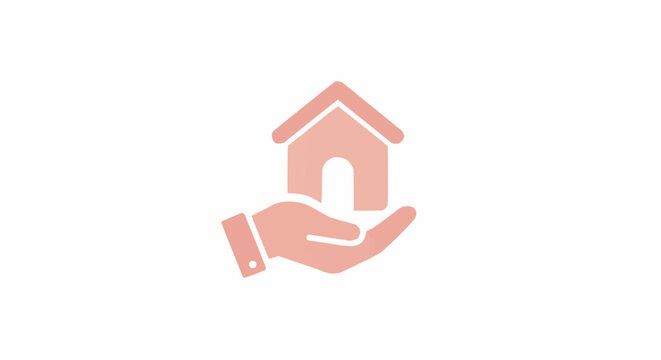 A light red house icon is displayed on top of an open hand in a white background image design here