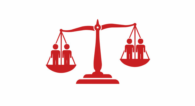 Red scales of justice with two figures on each side representing balance and equality perfectly measured