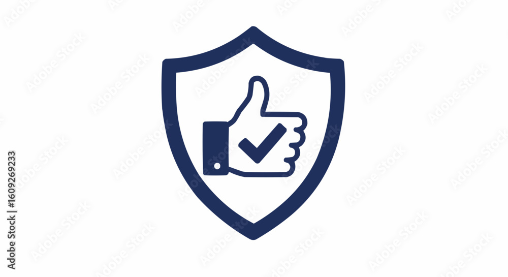 Poster a blue shield containing a thumbs up with a check mark inside the hand on a white background image