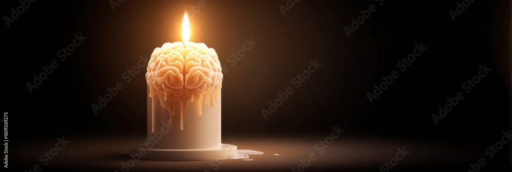 Aufkleber candle with brain shape melting softly, glowing light creating calm ambiance in a dark setting