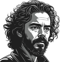 A striking cartoon portrait illustration of a young man with a beard, featuring a funny smile and detailed hair