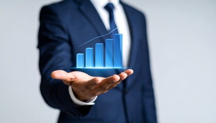 Business wallpaper with a translucent 3D graph shape on the hand of a man in a suit