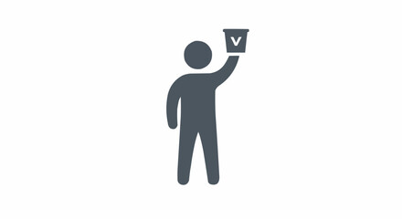 A person holding a container with a check mark above their head on a white background image view
