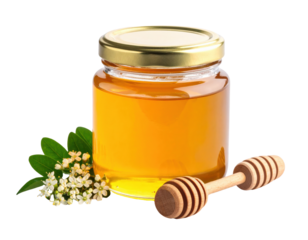 Fresh honey in glass jar with dipper on white background png