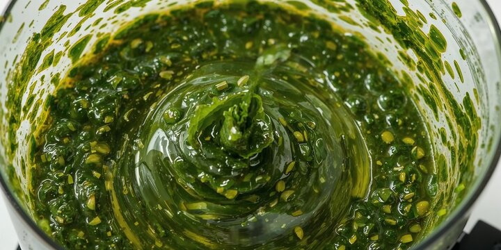 A close up shot of fresh green pesto being made in a food processor with visible ingredients blended - Powered by Adobe