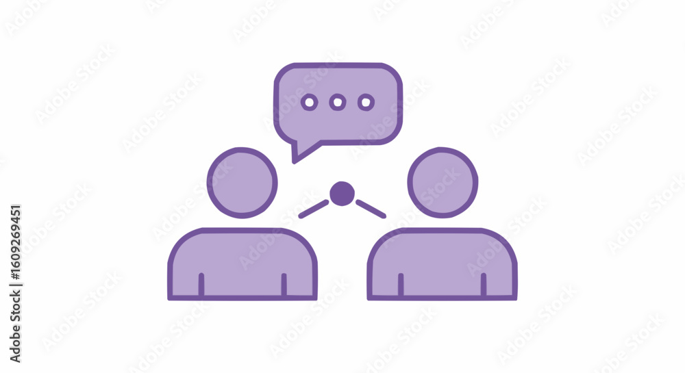 Poster two stylized figures communicating with a speech bubble above them in a light purple color scheme