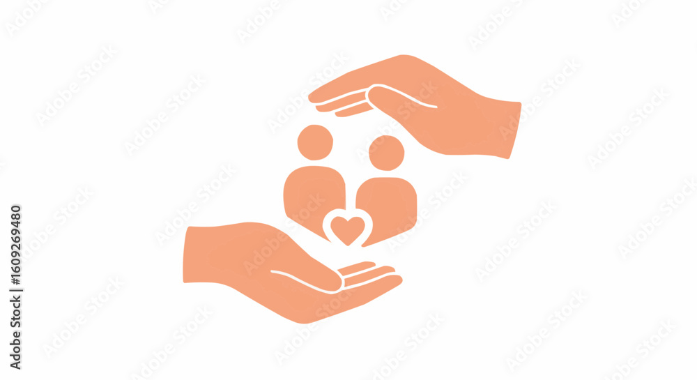 Poster illustration of two figures with a heart between them protected by two hands in a peach color