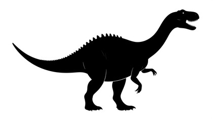 Black silhouette of a large dinosaur.  Side view, profile.  Long neck, tail, and body.  Sharp teeth visible.  Simple, clean lines