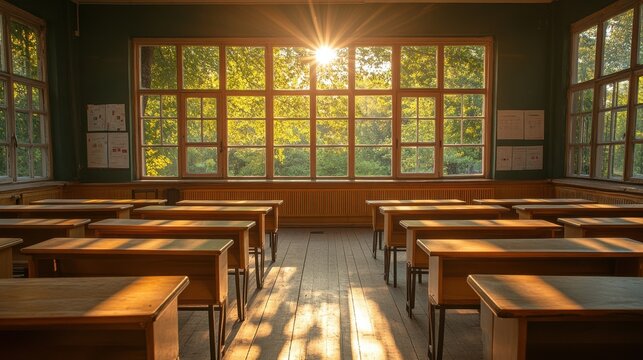 An empty classroom bathed in the golden glow of sunlight, hinting at a day brimming with learning and potential