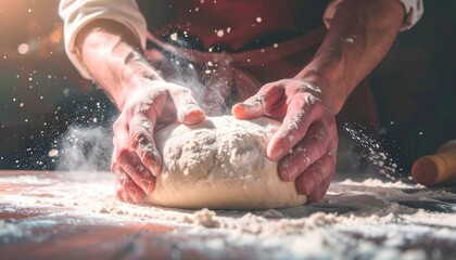 Fototapeta premium Close-Up of Hands Kneading Dough with Flour in the Air