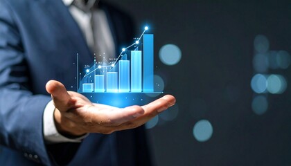 Business wallpaper with a translucent 3D graph shape on the hand of a man in a suit