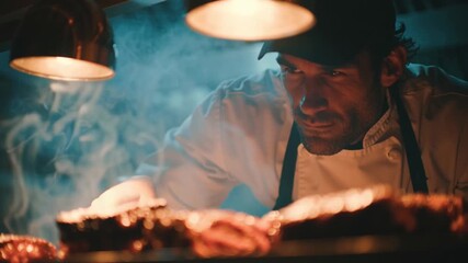 Culinary Craft: A focused chef meticulously prepares dishes, immersed in the culinary arts, his determined gaze and the warm glow suggesting the creation of an extraordinary food experience.