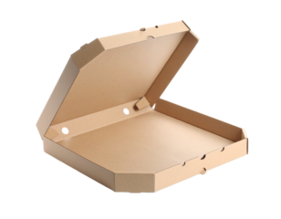 Cardboard pizza box open delivery container food on transparent background