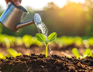 Nurturing new life: A tender seedling receives a life-giving shower of water