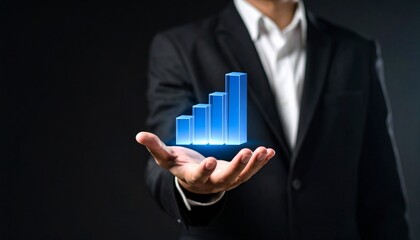 Business wallpaper with a translucent 3D graph shape on the hand of a man in a suit