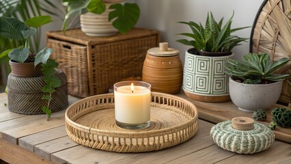 A lit candle on a woven tray surrounded by potted plants and wicker baskets