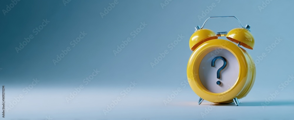 Poster the yellow alarm clock with a question mark representing uncertainty and curiosity.