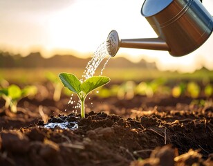 Nurturing new life: Watering a young plant for sustainable growth and thriving agriculture