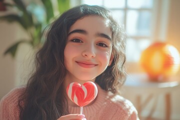 Valentine's day greeting and funny gift. Happy face cute middle eastern juvenile girl with lollipop heart in hands. Love and playfulness in kids. Baby with big red heart. Child with big hear.