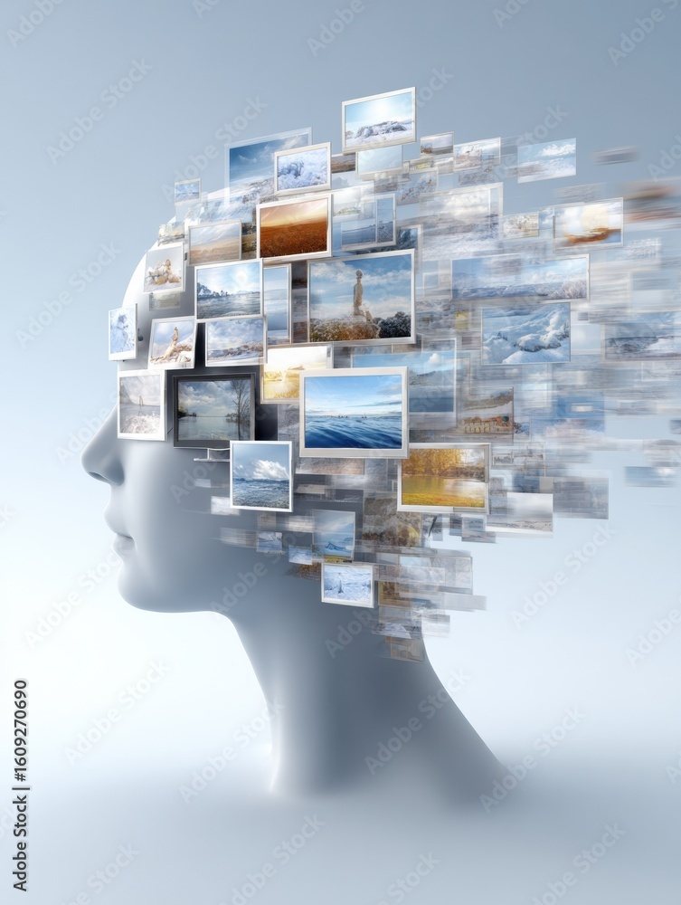 Poster conceptual representation of a human head filled with multitasking screens showcasing various visual