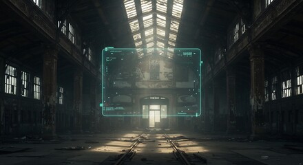 Mysterious digital display with holographic interface in a desolate, abandoned industrial hall, showcasing advanced technology in ruins.