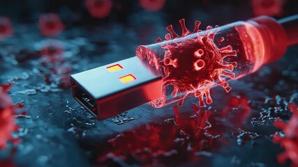 Digital Virus Infestation: An illustrative depiction of a USB drive is under attack by a digital virus. Symbolic of the vulnerability of data security in a modern world. - Powered by Adobe