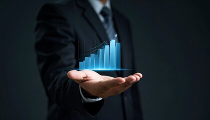 Business wallpaper with a translucent 3D graph shape on the hand of a man in a suit